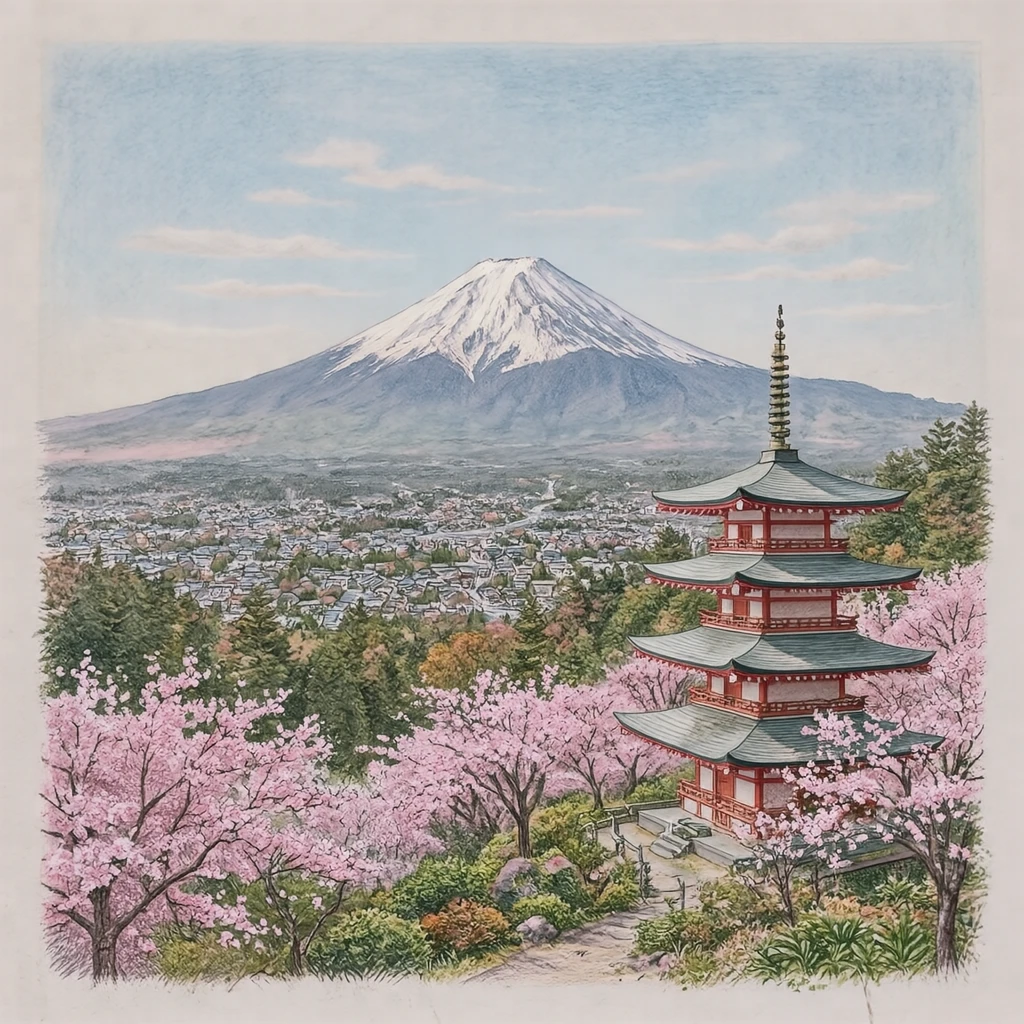 Illustration of Mount Fuji, a World Heritage Site, seen beyond a five-storied pagoda and cherry blossoms (colored pencil)