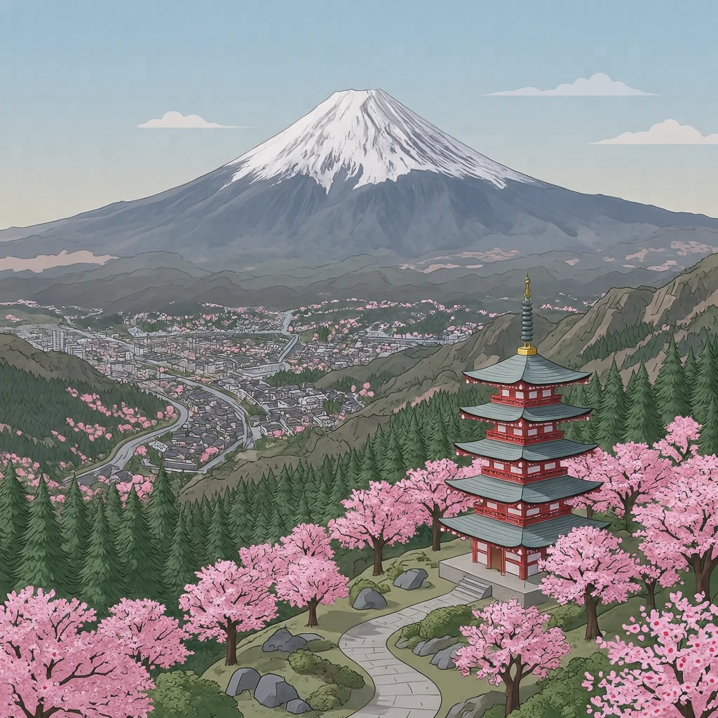 Illustration of Mount Fuji, a World Heritage Site, seen beyond a five-storied pagoda and cherry blossoms (isometric)