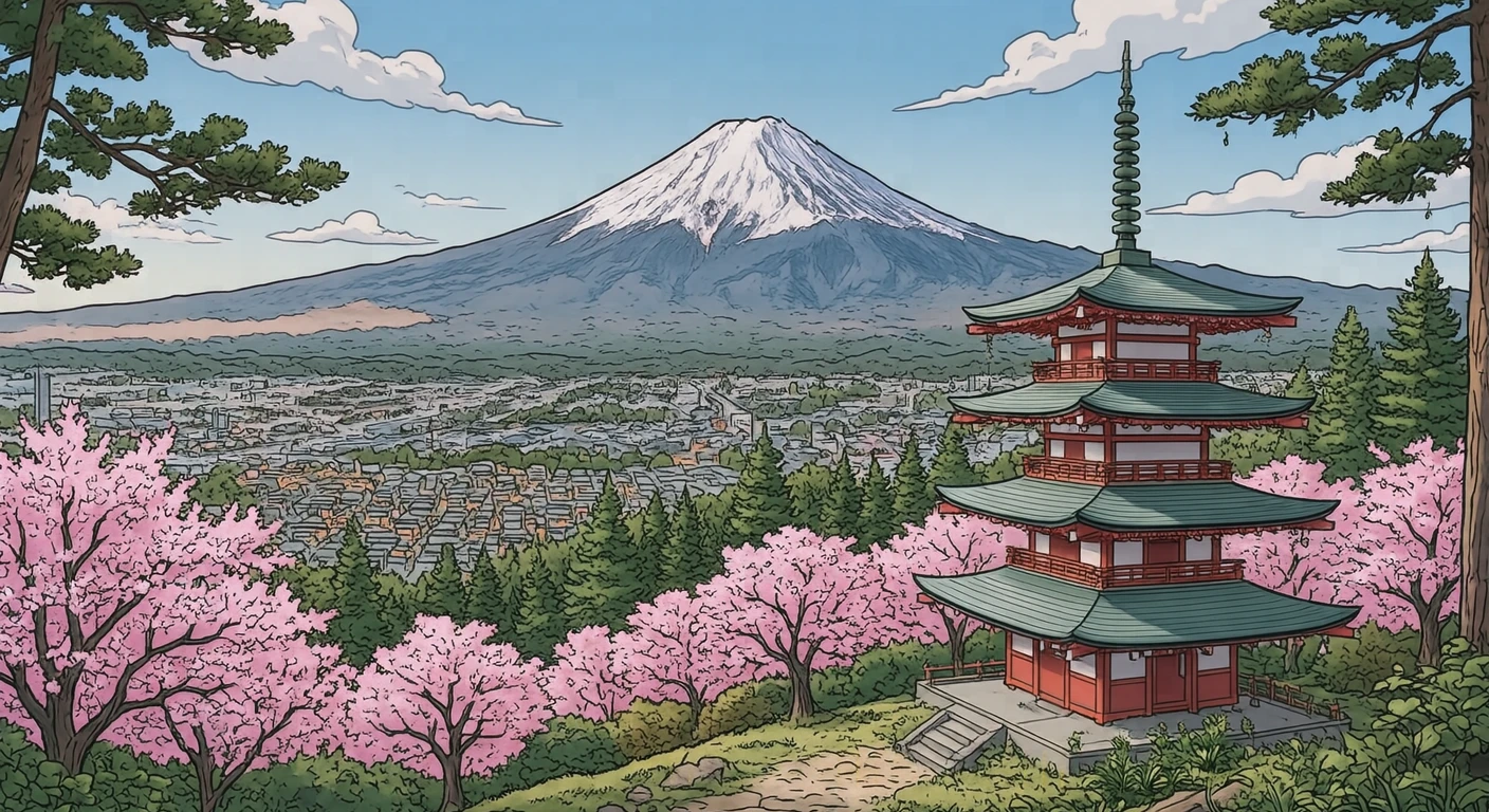 Illustration of Mount Fuji, a World Heritage Site, seen beyond a five-storied pagoda and cherry blossoms (anime cel-shaded)