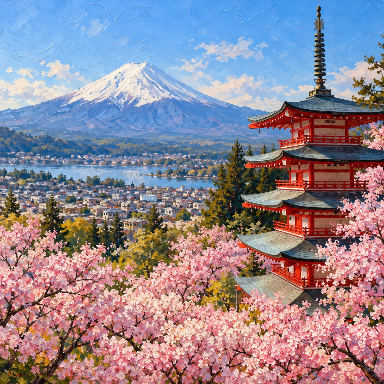 世界遺産・桜と五重塔越しに見る富士山のイラスト（油彩）