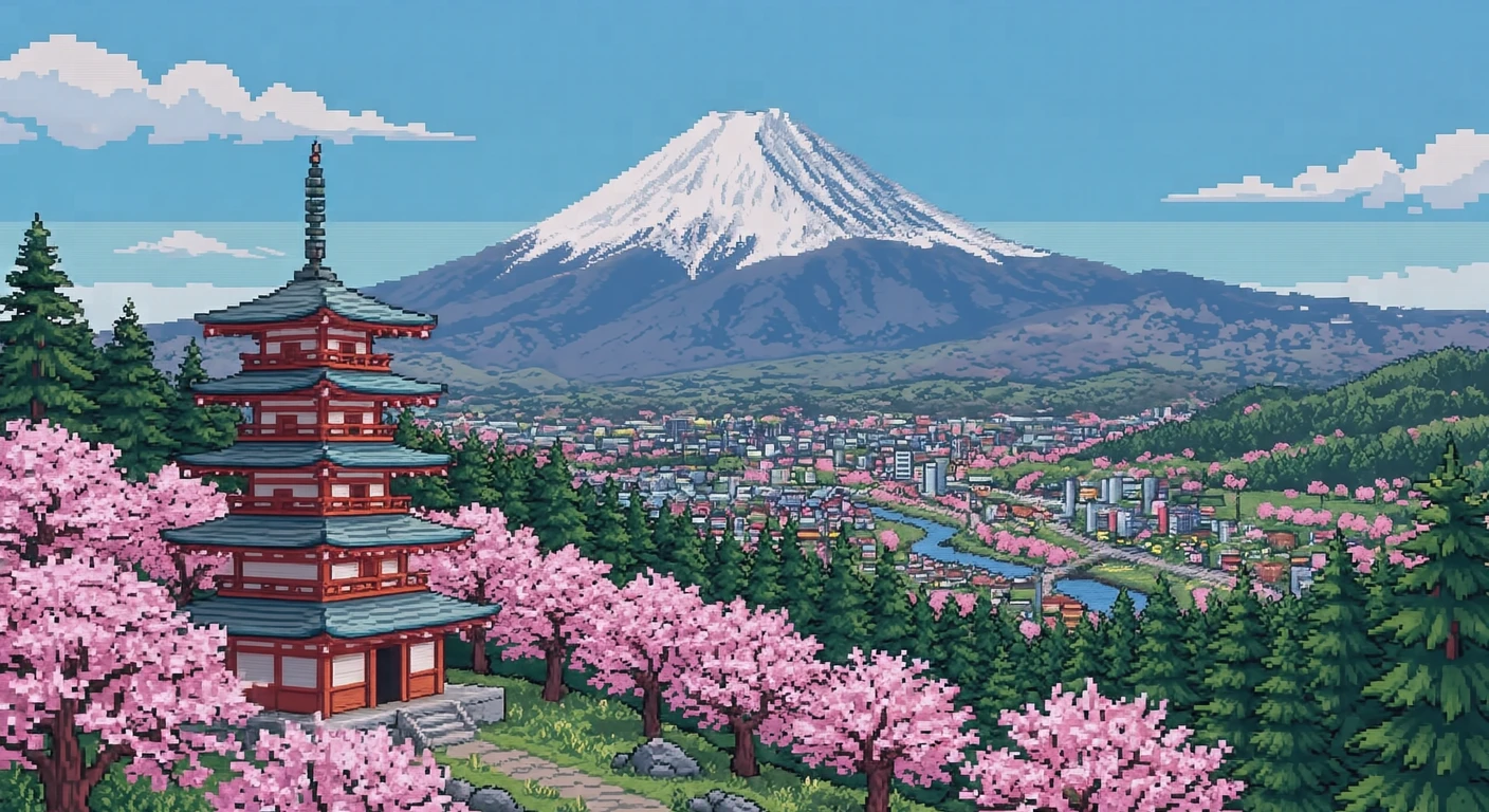Illustration of Mount Fuji, a World Heritage Site, seen beyond a five-storied pagoda and cherry blossoms (pixel art)