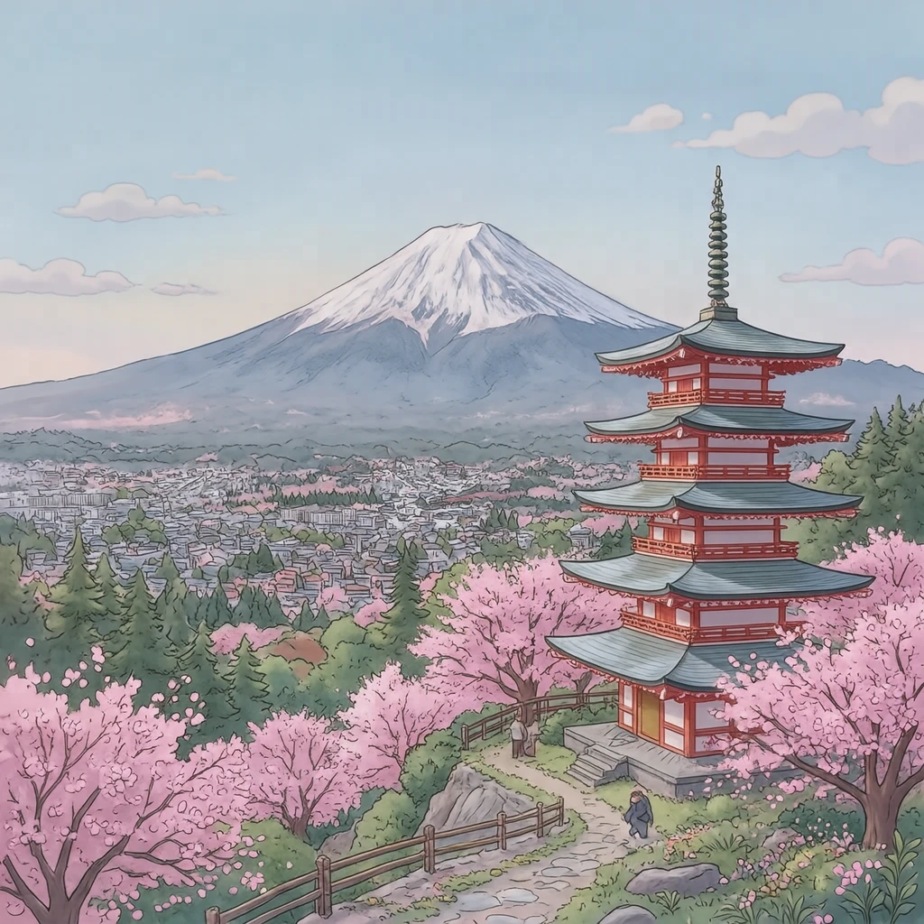 Illustration of Mount Fuji, a World Heritage Site, seen beyond a five-storied pagoda and cherry blossoms (soft pastel)