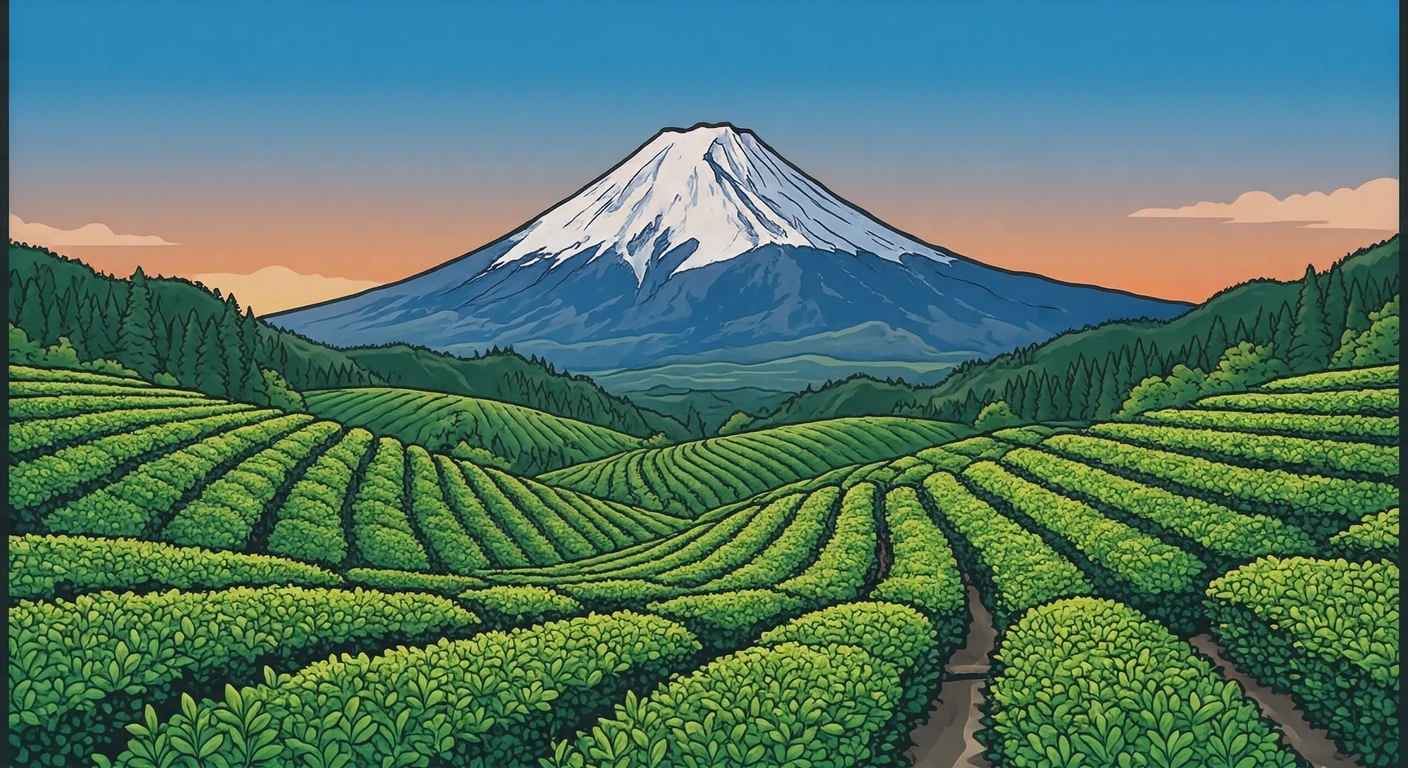 Illustration of Mount Fuji, a World Heritage Site, rising beyond green tea fields (bold graphic)