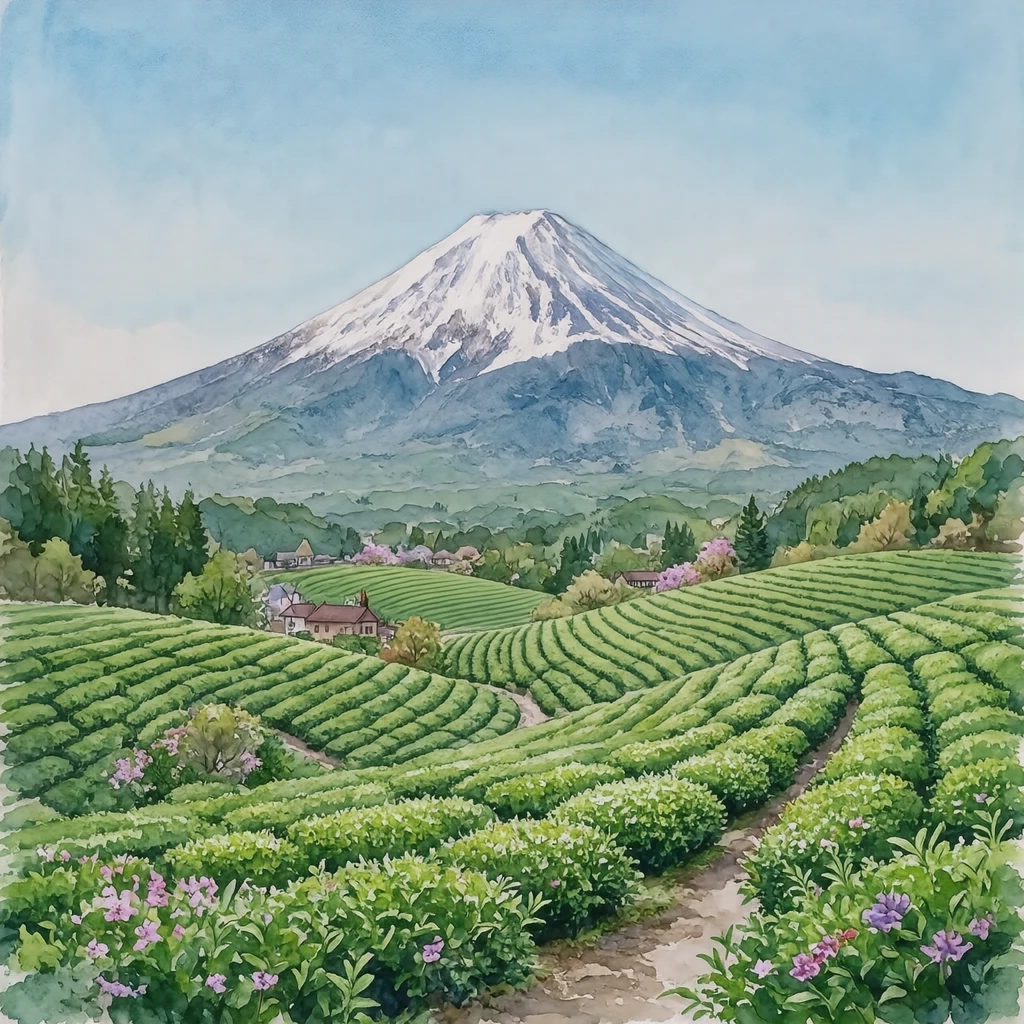 Illustration of Mount Fuji, a World Heritage Site, rising beyond green tea fields (watercolor)