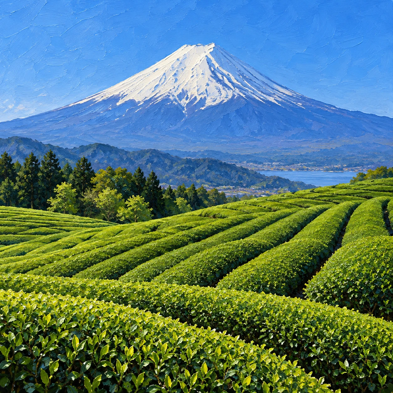 世界遺産・茶畑の向こうにそびえる富士山のイラスト（油彩）