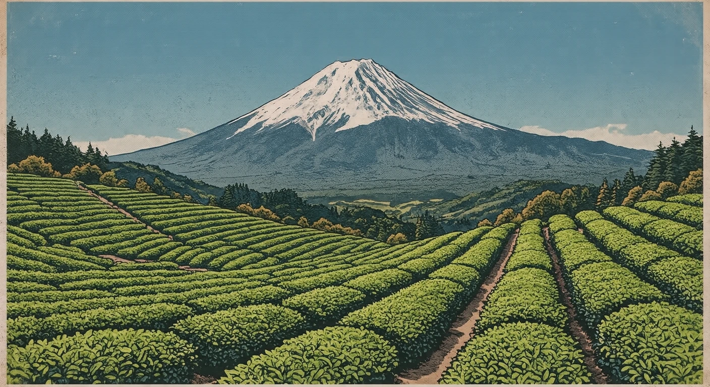Illustration of Mount Fuji, a World Heritage Site, rising beyond green tea fields (retro print)