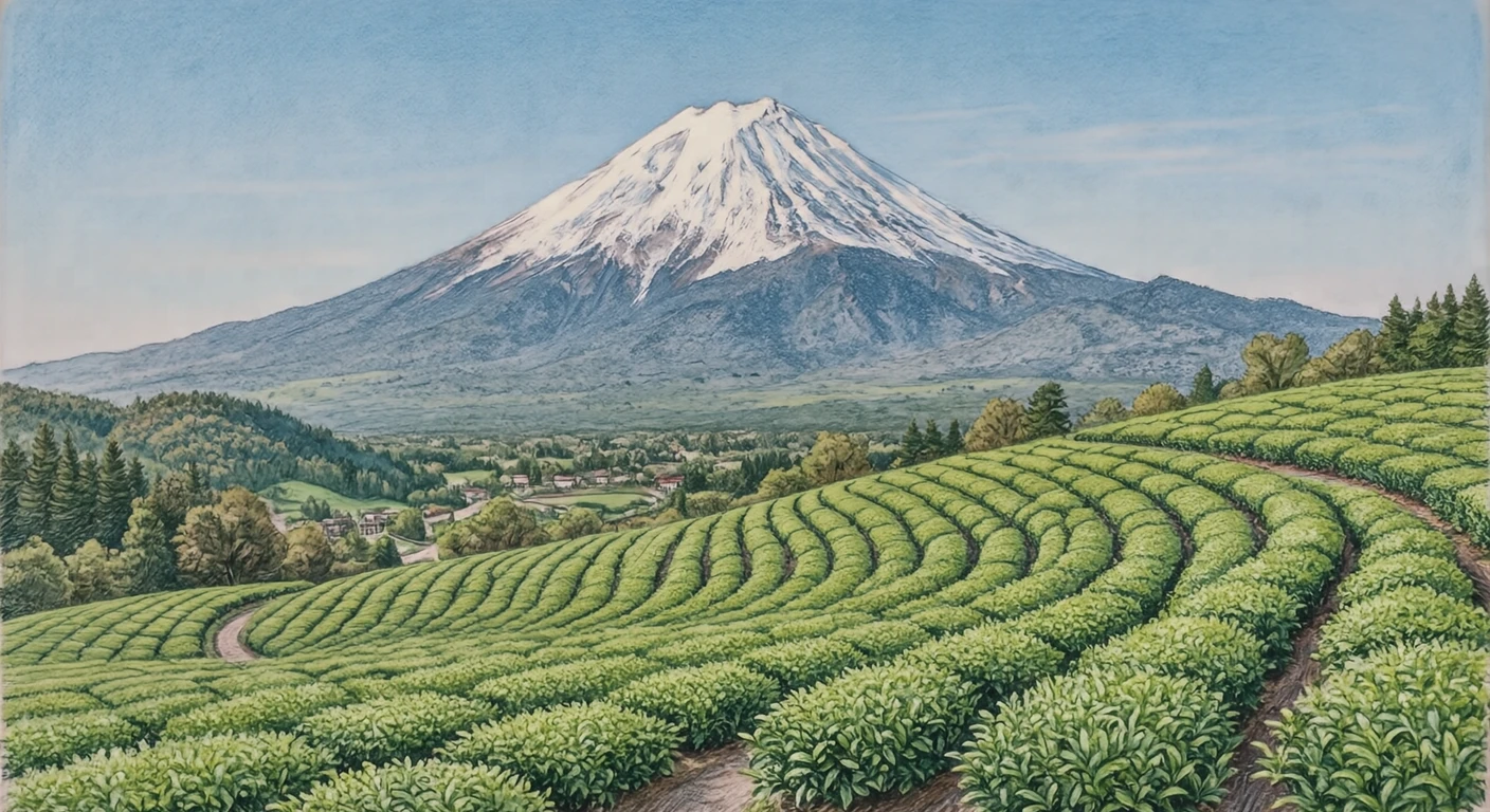 Illustration of Mount Fuji, a World Heritage Site, rising beyond green tea fields (colored pencil)