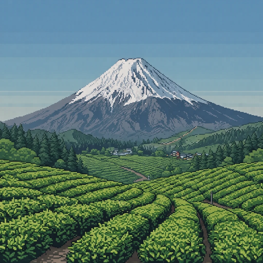 Illustration of Mount Fuji, a World Heritage Site, rising beyond green tea fields (pixel art)