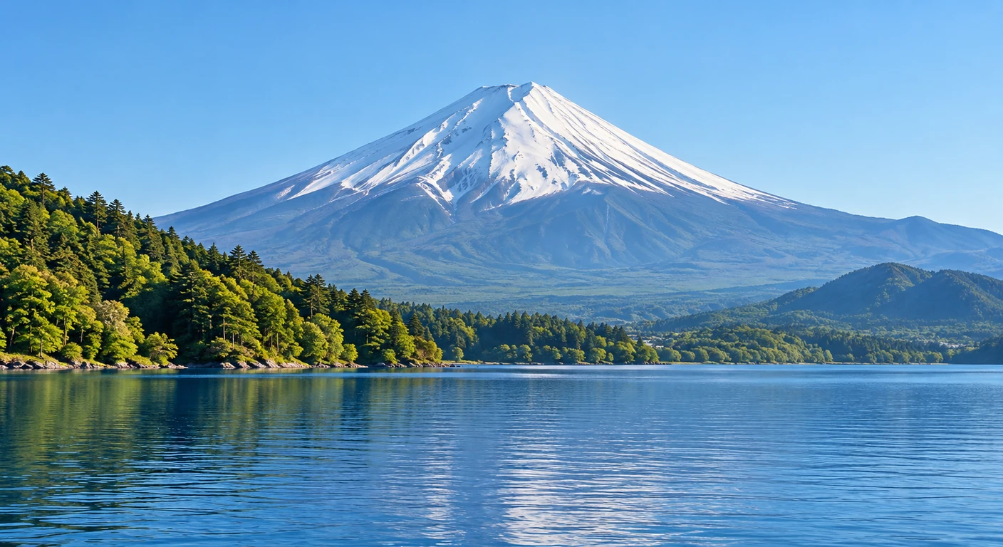 世界遺産・富士山と湖のイラスト（写実）