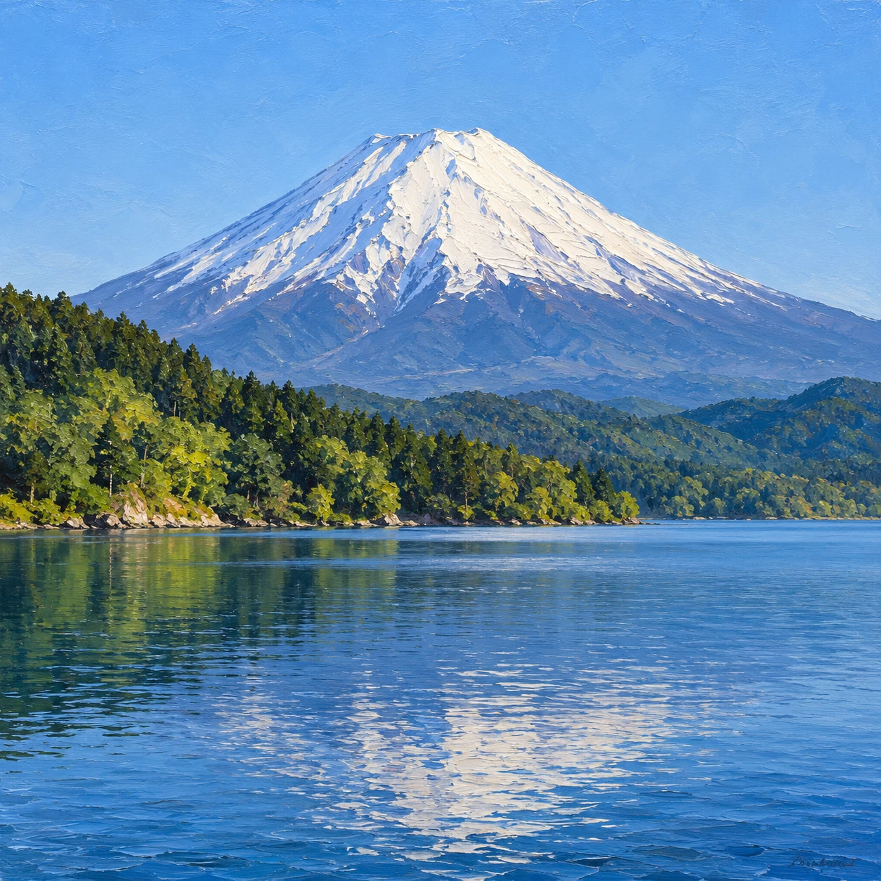 世界遺産・富士山と湖のイラスト（油彩）