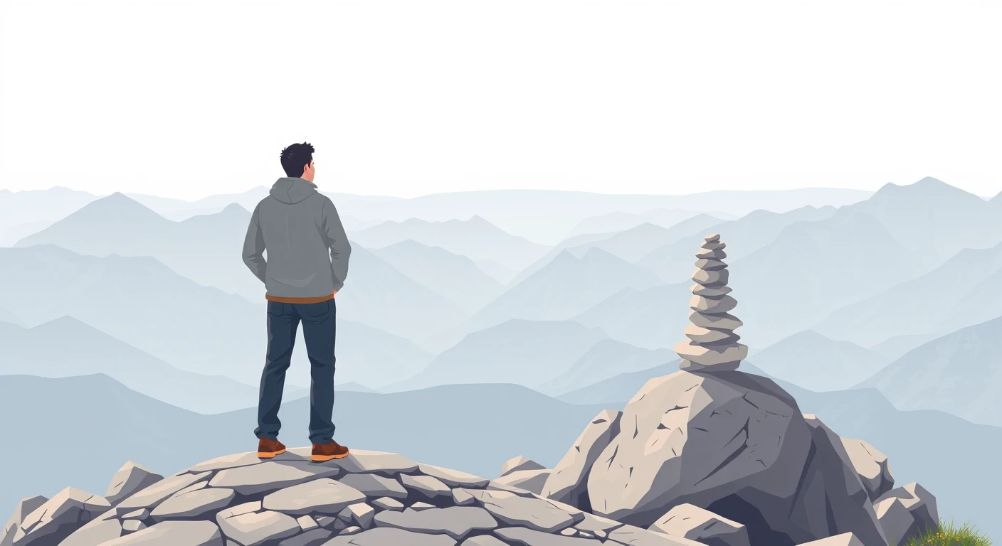 山頂から景色を眺める登山者の後ろ姿のイラスト