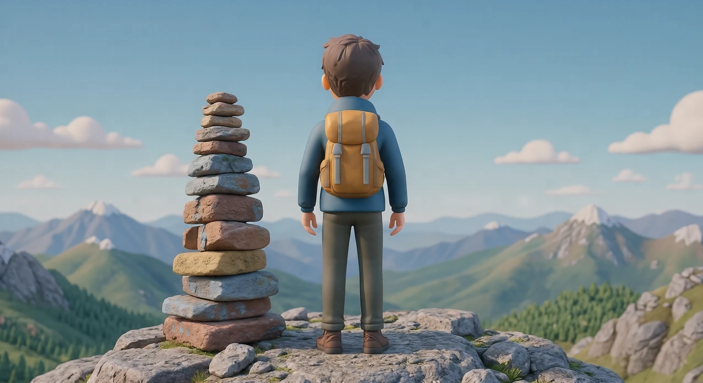山頂から景色を眺める登山者の後ろ姿のイラスト（ソフト3D）