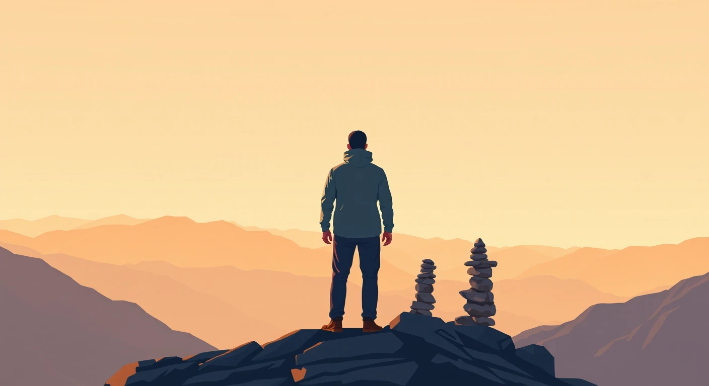 山頂から景色を眺める登山者の後ろ姿のイラスト