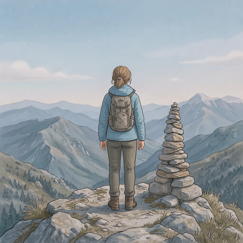 山頂から景色を眺める登山者の後ろ姿のイラスト（ソフトパステル）