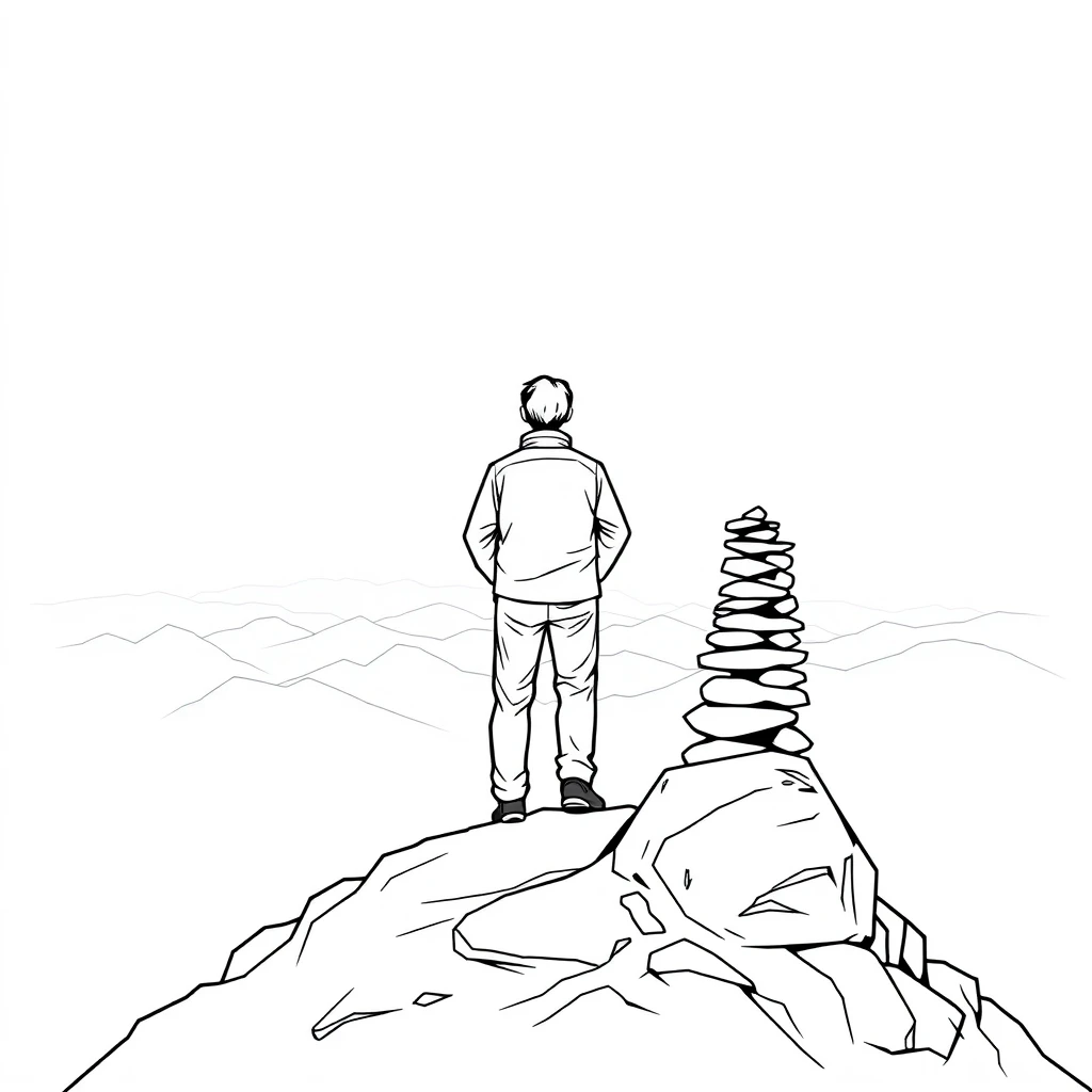 山頂から景色を眺める登山者の後ろ姿のイラスト