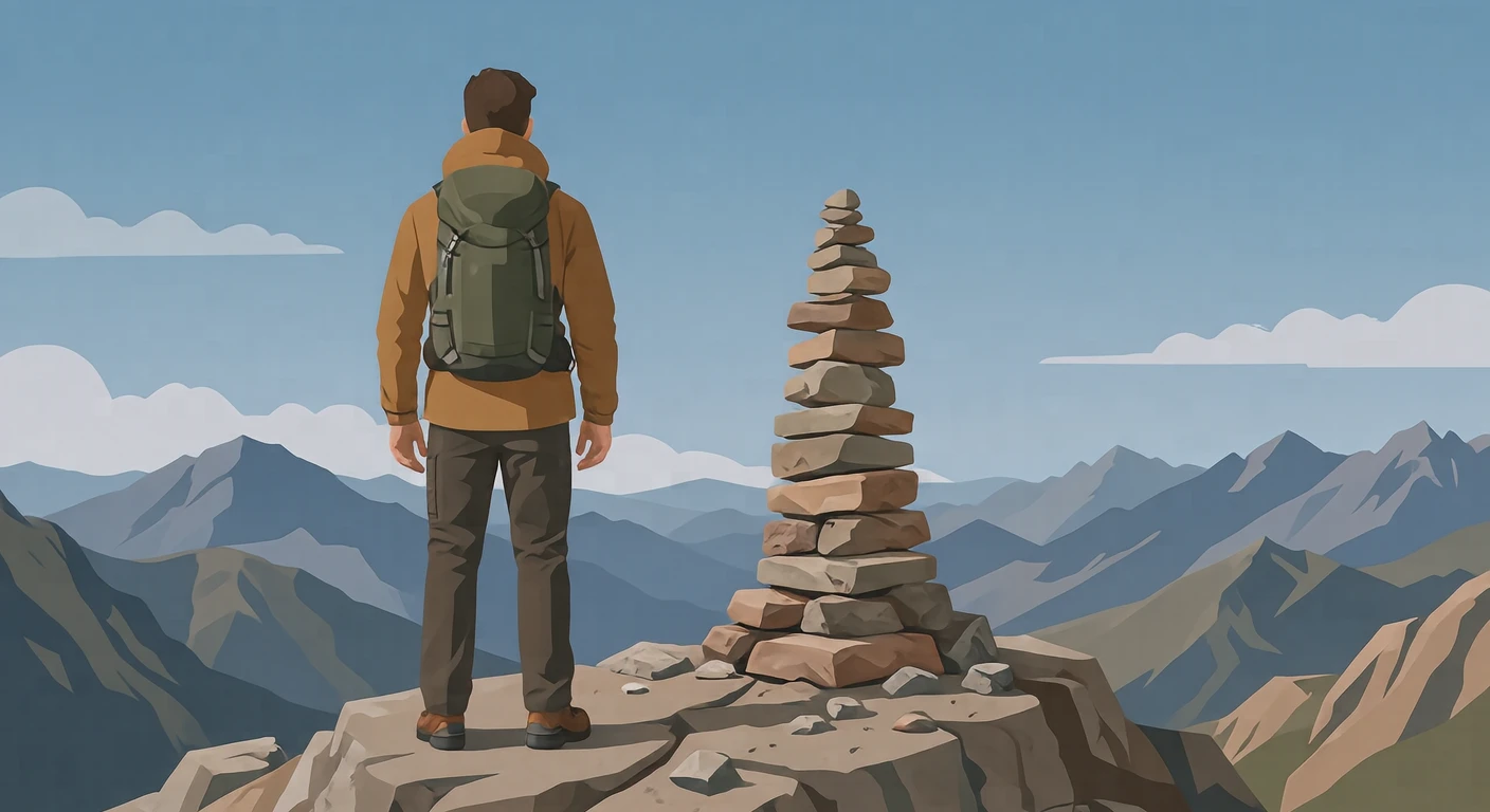 山頂から景色を眺める登山者の後ろ姿のイラスト（フラットイラスト）