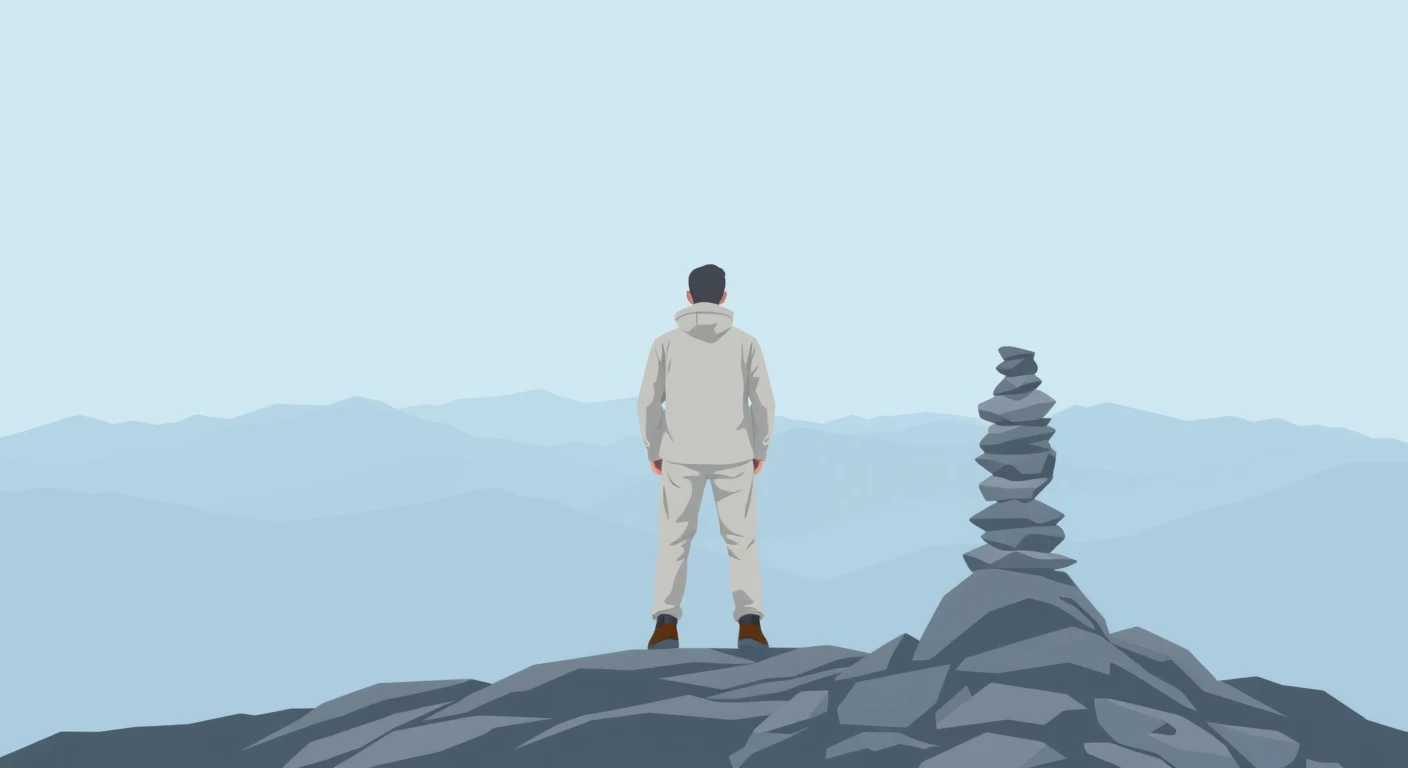山頂から景色を眺める登山者の後ろ姿のイラスト