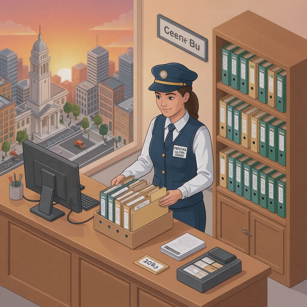 市役所で書類を棚に戻す自治体職員のイラスト（アイソメトリック）