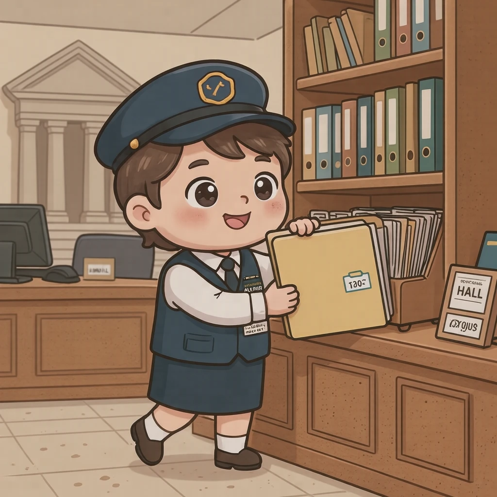 市役所で書類を棚に戻す自治体職員のイラスト（デフォルメ）