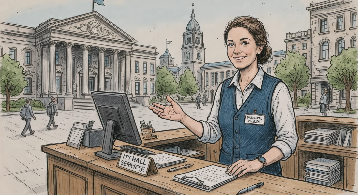 Illustration of one municipal clerk in a neat uniform vest standing at the counter and showing the way with an open hand, at a city hall service counter, during office hours (hand-drawn)