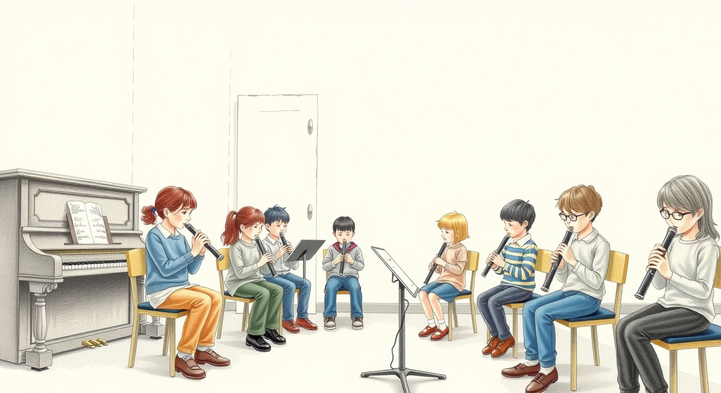 音楽の授業でリコーダーを演奏する生徒たちのイラスト