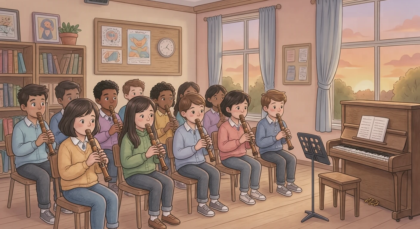 音楽の授業でリコーダーを演奏する生徒たちのイラスト（ソフトパステル）