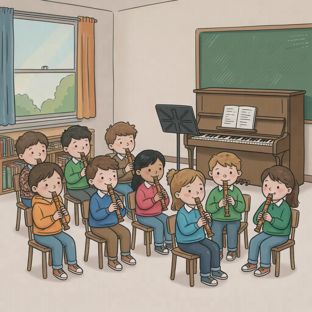 音楽の授業でリコーダーを演奏する生徒たちのイラスト（ゆるいイラスト）