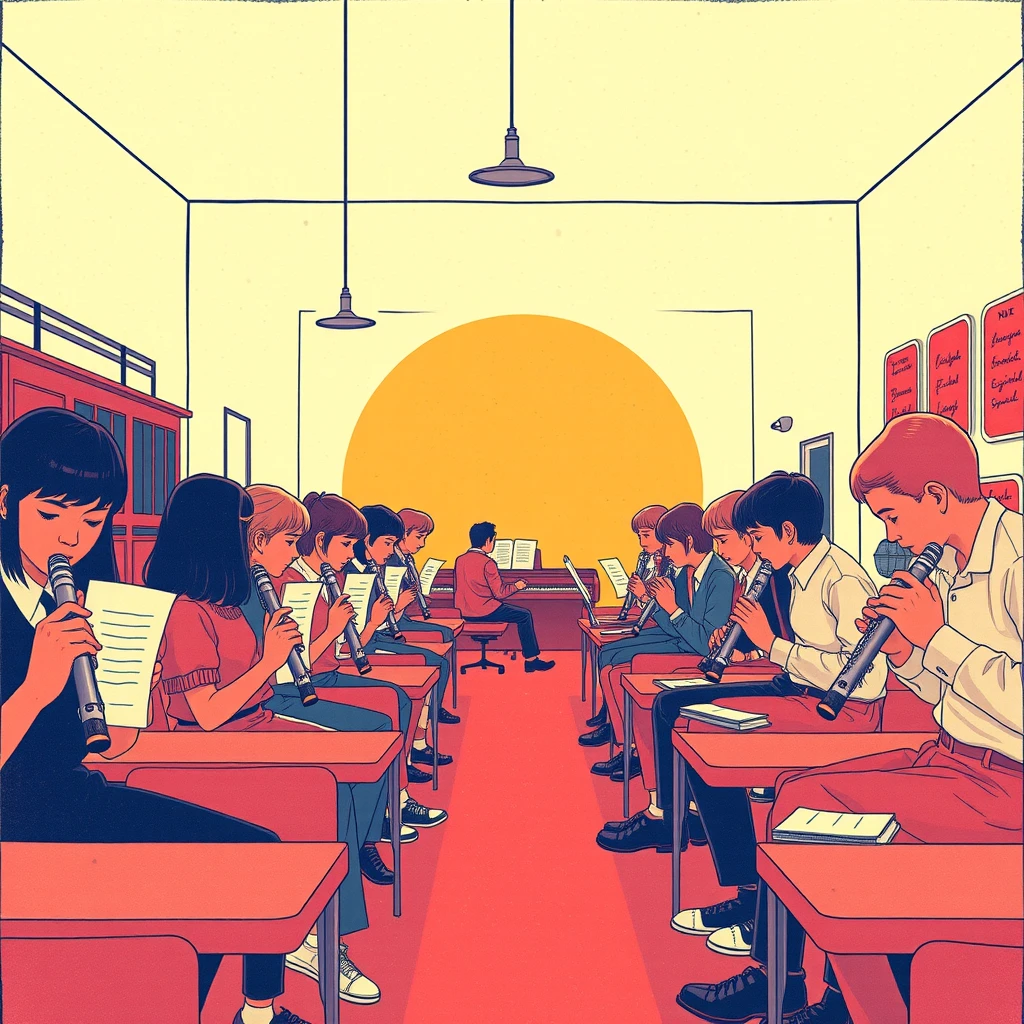 音楽の授業でリコーダーを演奏する生徒たちのイラスト