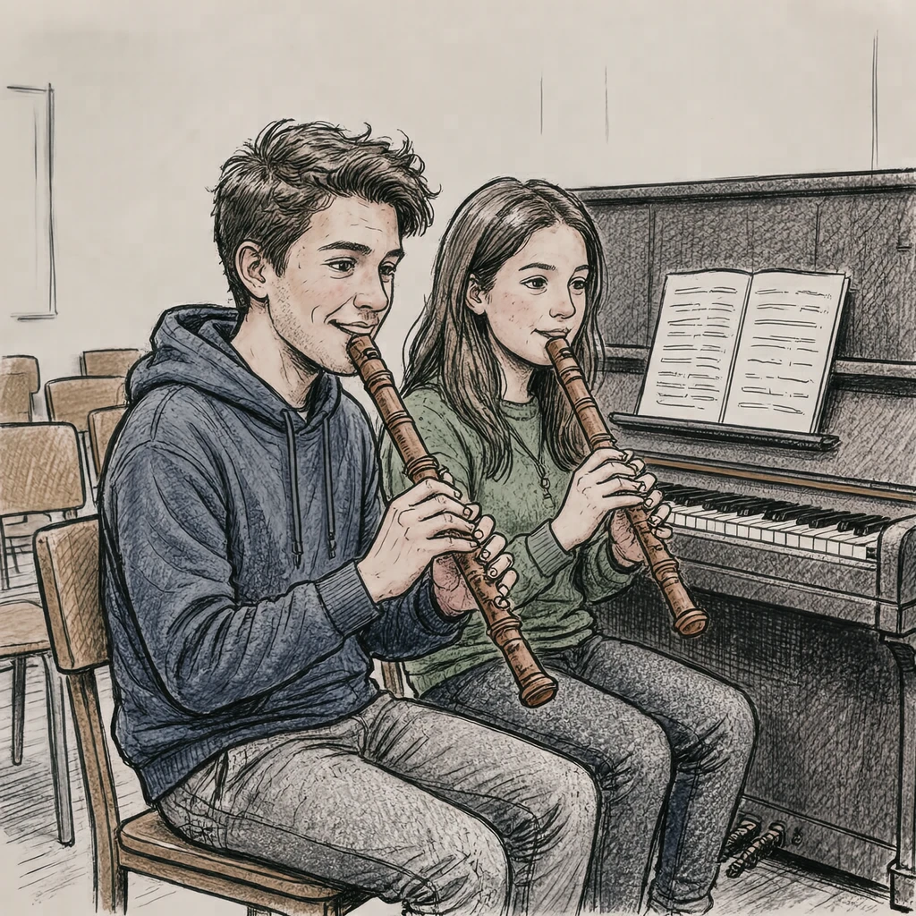 音楽の授業でリコーダーを演奏する生徒たちのイラスト（手描き風）