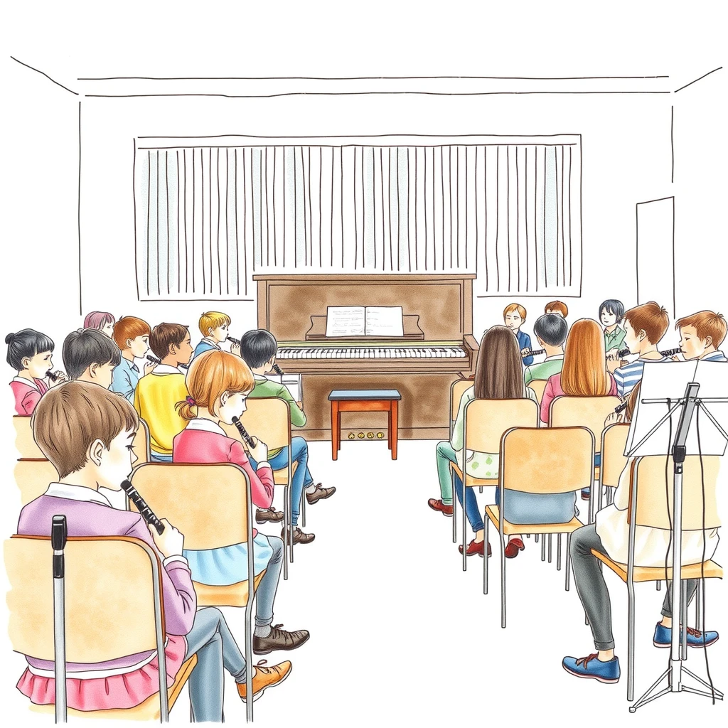 音楽の授業でリコーダーを演奏する生徒たちのイラスト