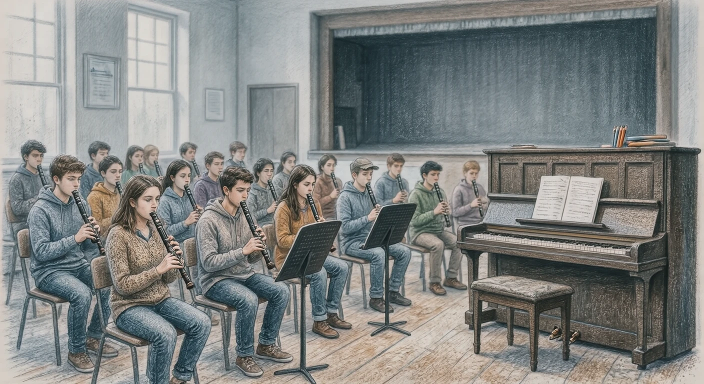 音楽の授業でリコーダーを演奏する生徒たちのイラスト（色鉛筆）