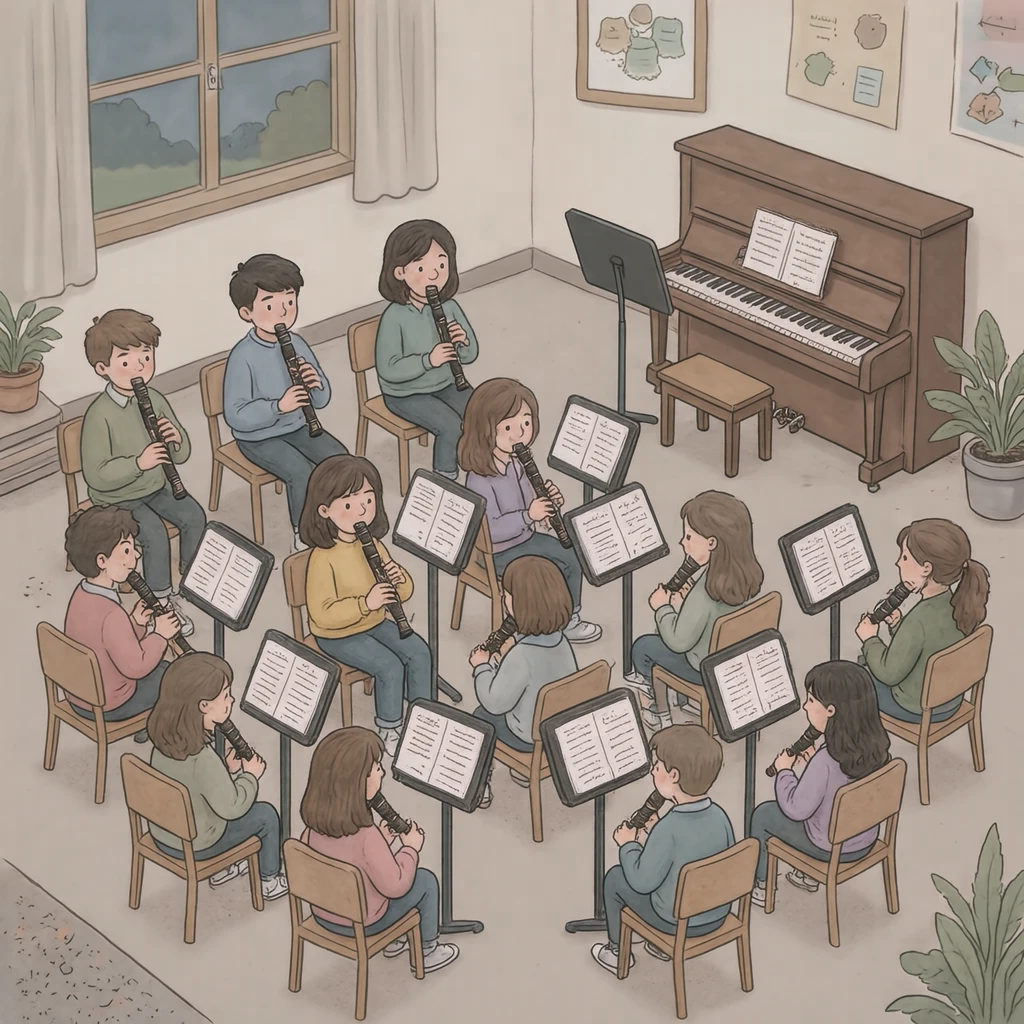 音楽の授業でリコーダーを演奏する生徒たちのイラスト（ソフトパステル）