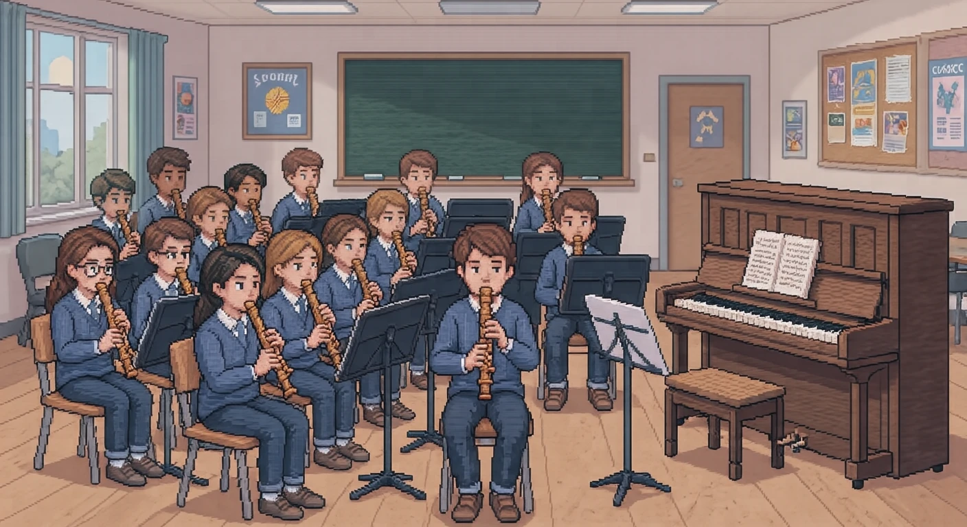 音楽の授業でリコーダーを演奏する生徒たちのイラスト（ドット絵）
