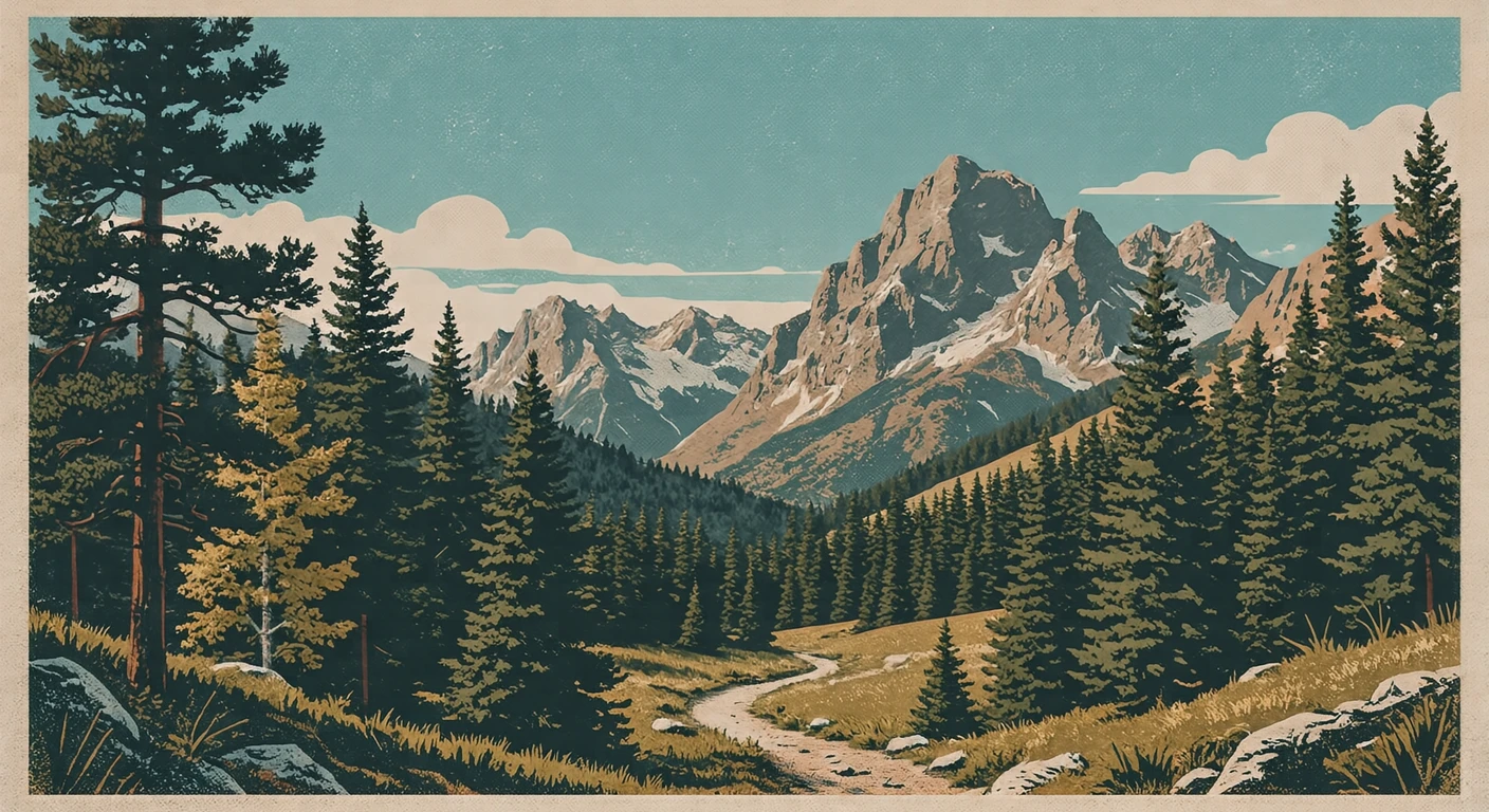 穏やかな山の風景のイラスト（レトロ印刷）