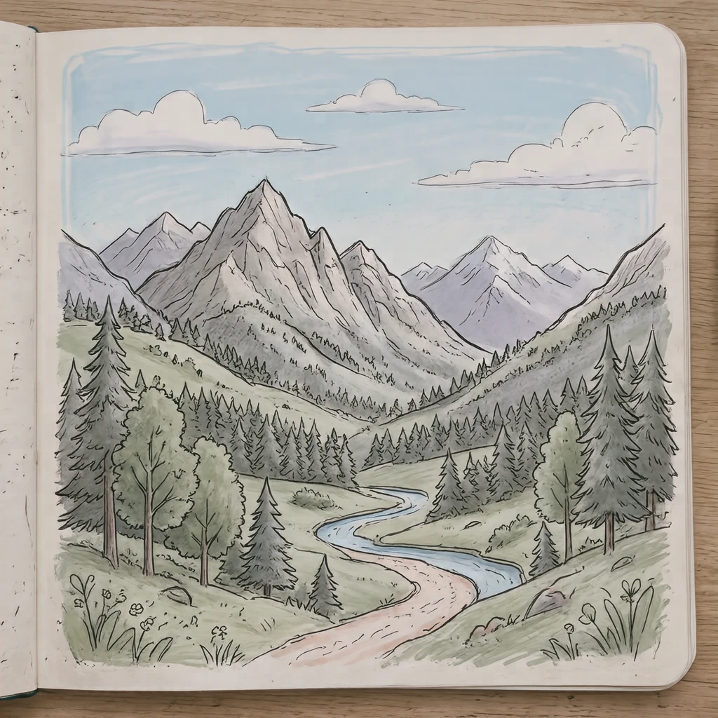 穏やかな山の風景のイラスト（手描き風）