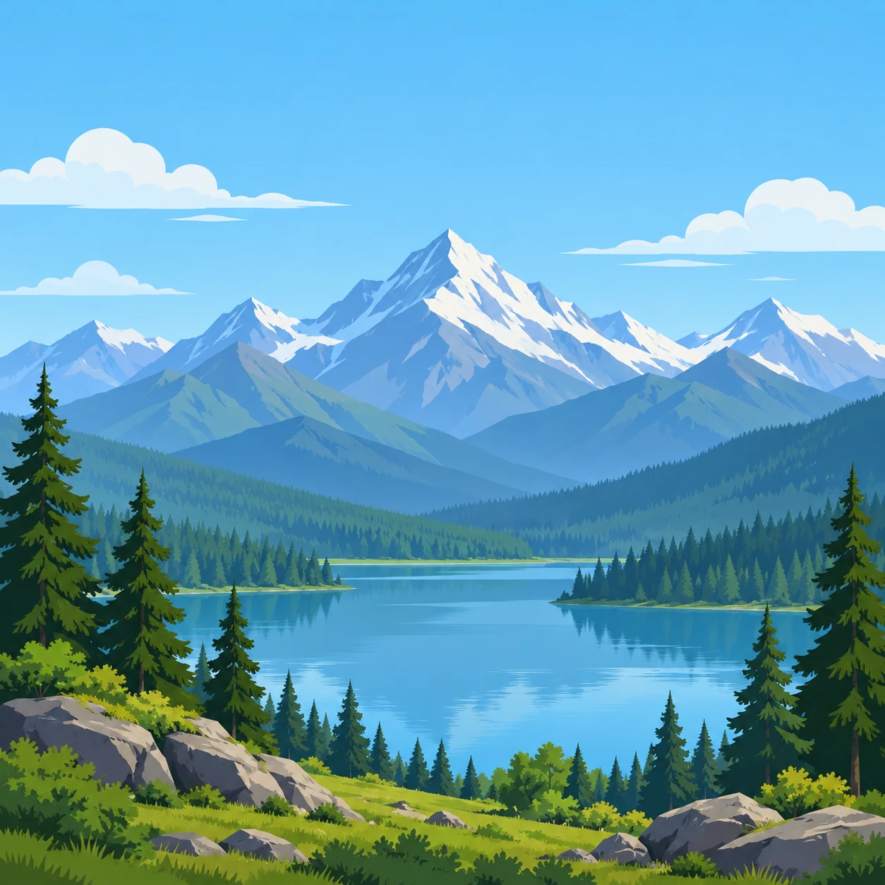 穏やかな山の風景のイラスト（フラットイラスト）