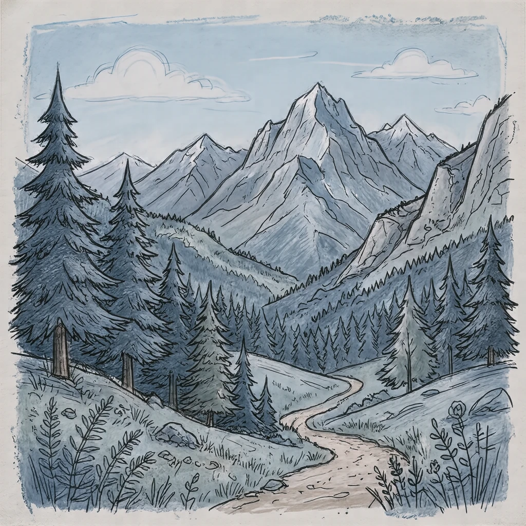 穏やかな山の風景のイラスト（手描き風）