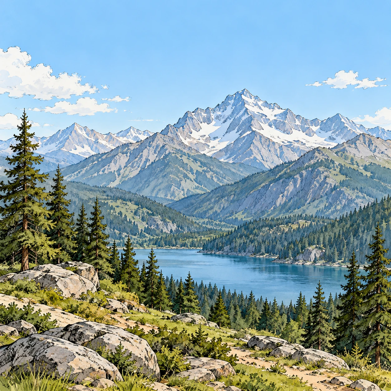 穏やかな山の風景のイラスト（手描き風）