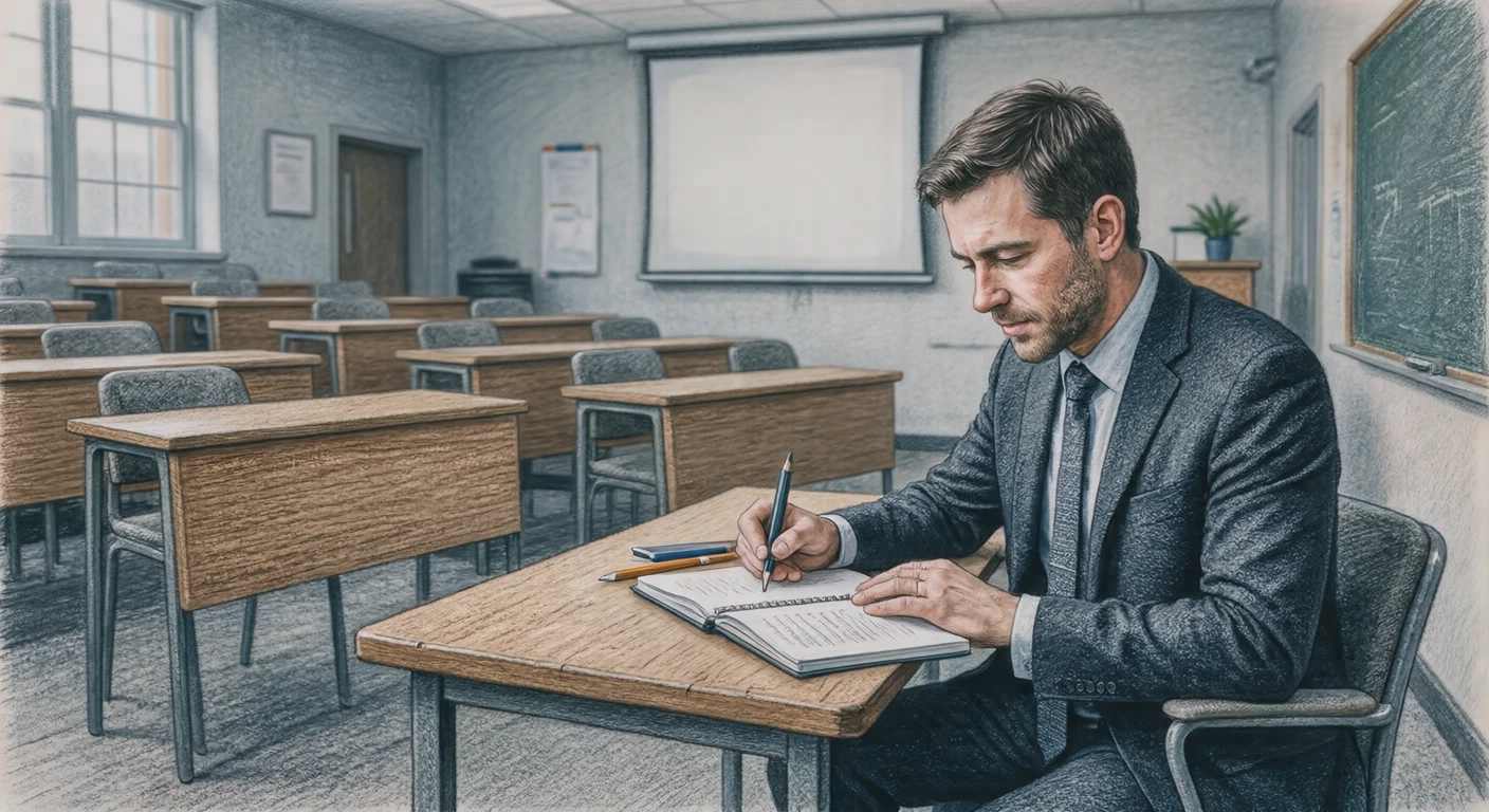 Illustration of a new employee taking notes during a training lecture (colored pencil)