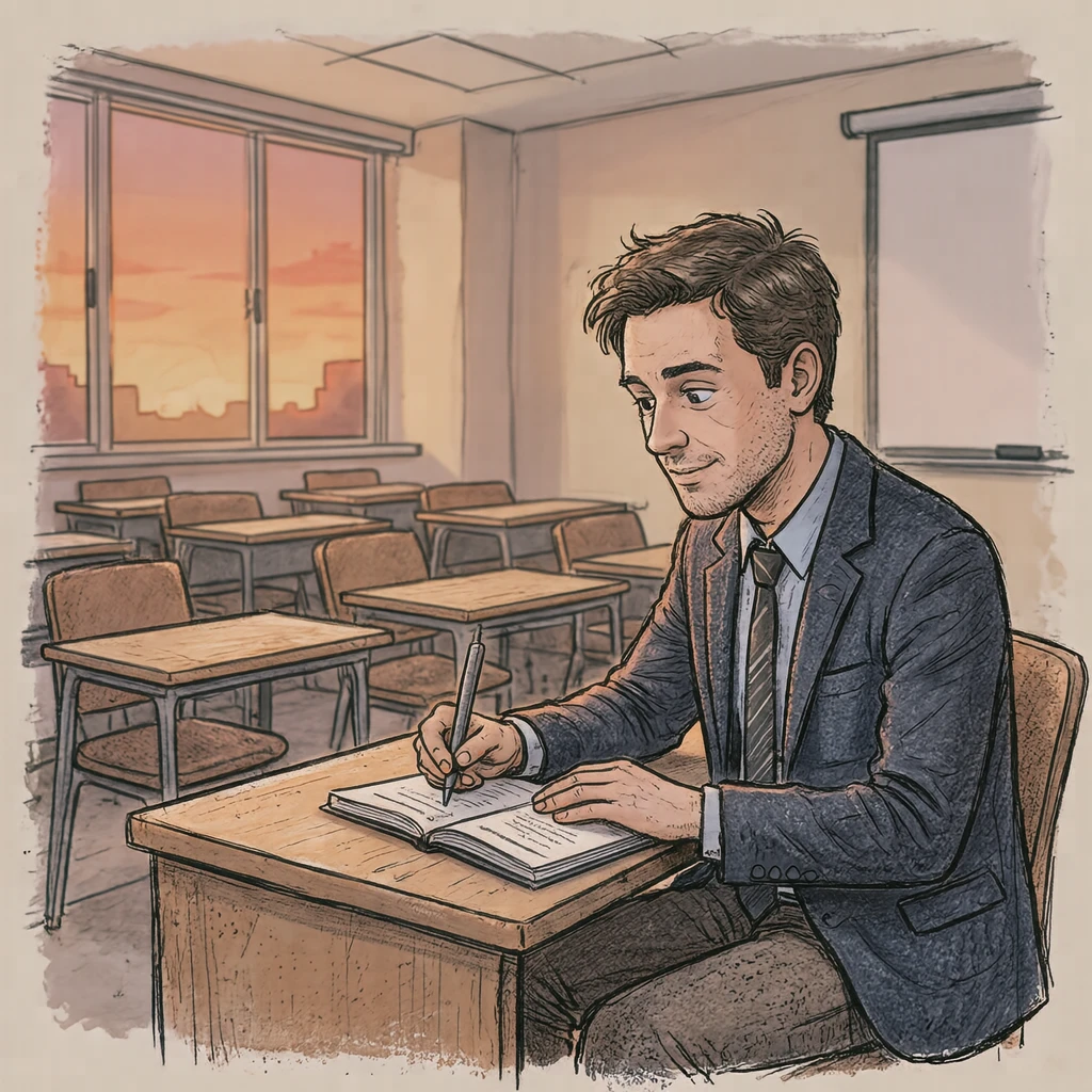 研修会場で講義を聞きながらメモを取る新入社員のイラスト（手描き風）