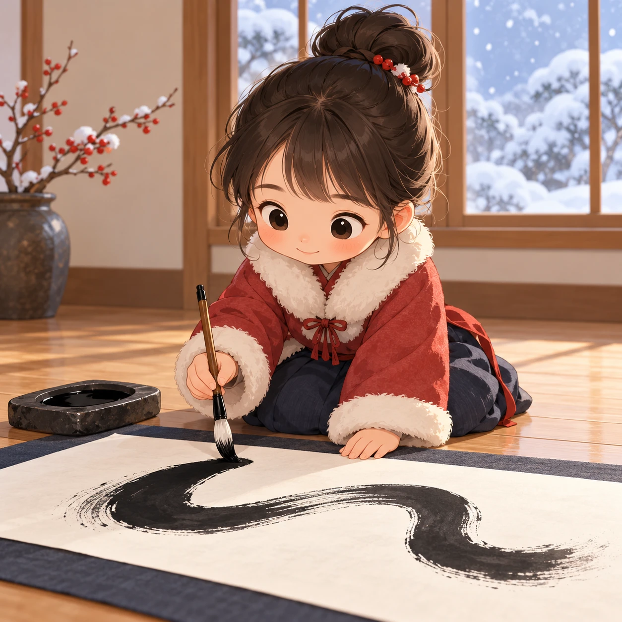 書き初めで筆を運ぶ子どものイラスト（デフォルメ）