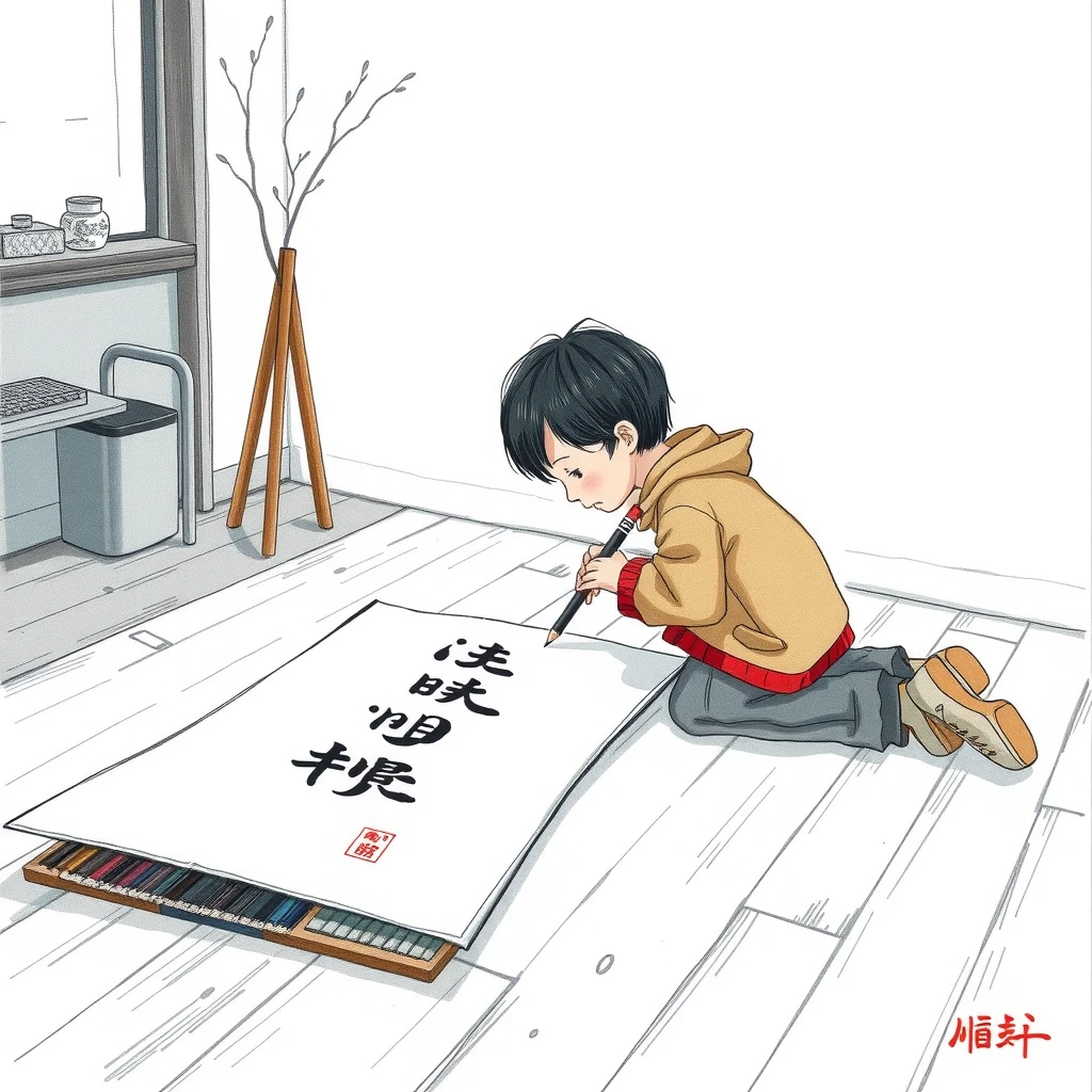 書き初めで筆を運ぶ子どもの色鉛筆風イラスト