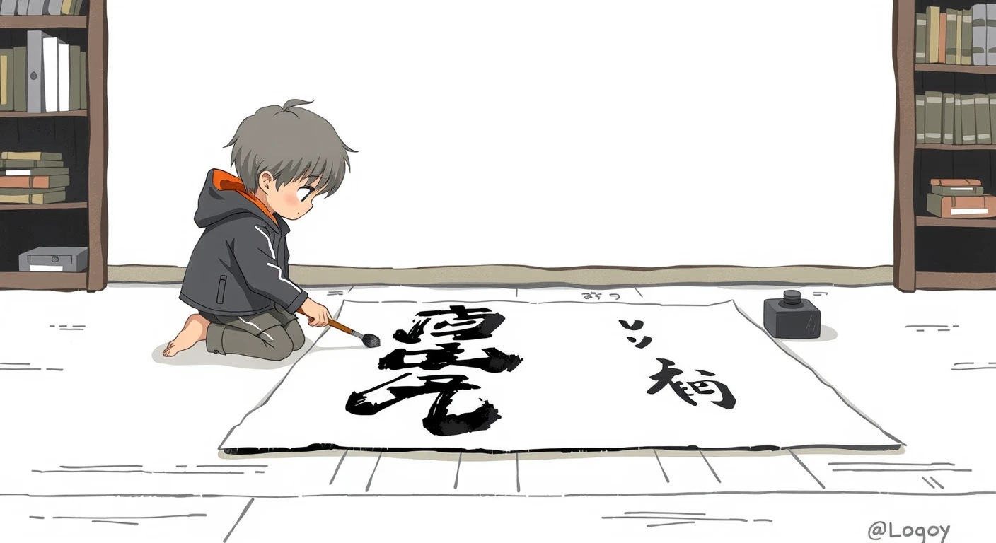 書き初めで筆を運ぶ子どものグアッシュ画風イラスト