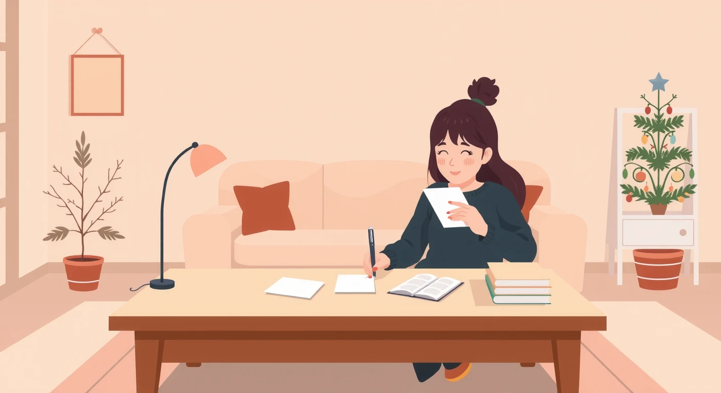 机に向かって年賀状を書く人のフラットイラスト