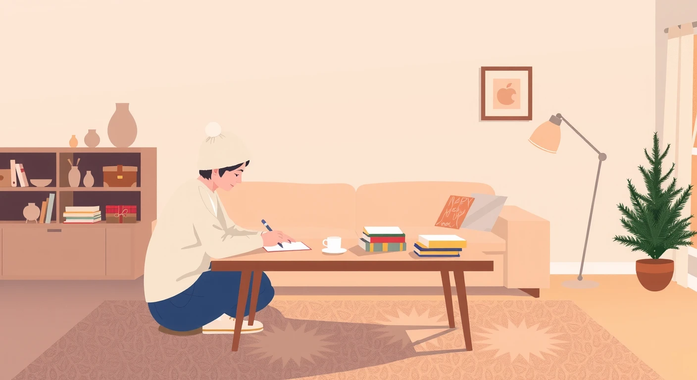 机に向かって年賀状を書く人のパステル調のイラスト