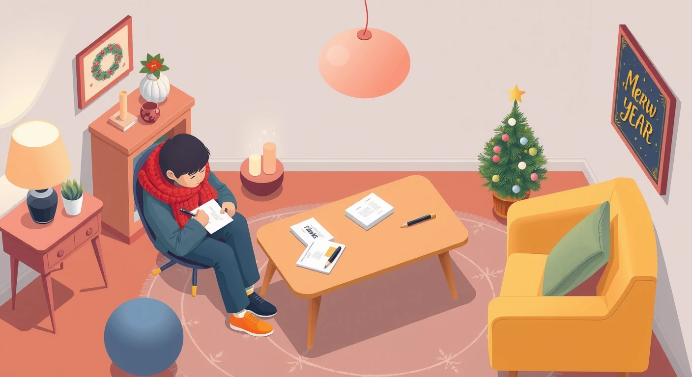 机に向かって年賀状を書く人のアイソメトリックイラスト