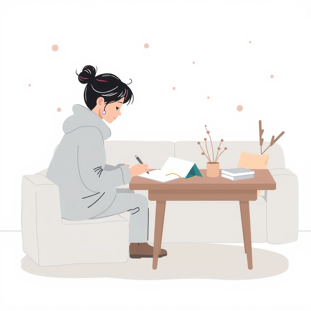 机に向かって年賀状を書く人のパステル調のイラスト