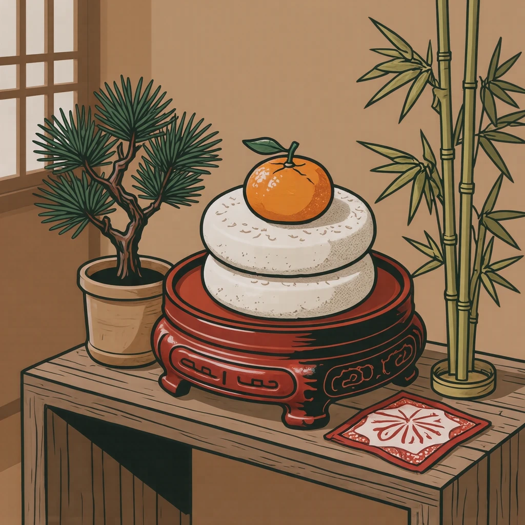 鏡餅と門松のお正月飾りのイラスト（グラフィックポスター）