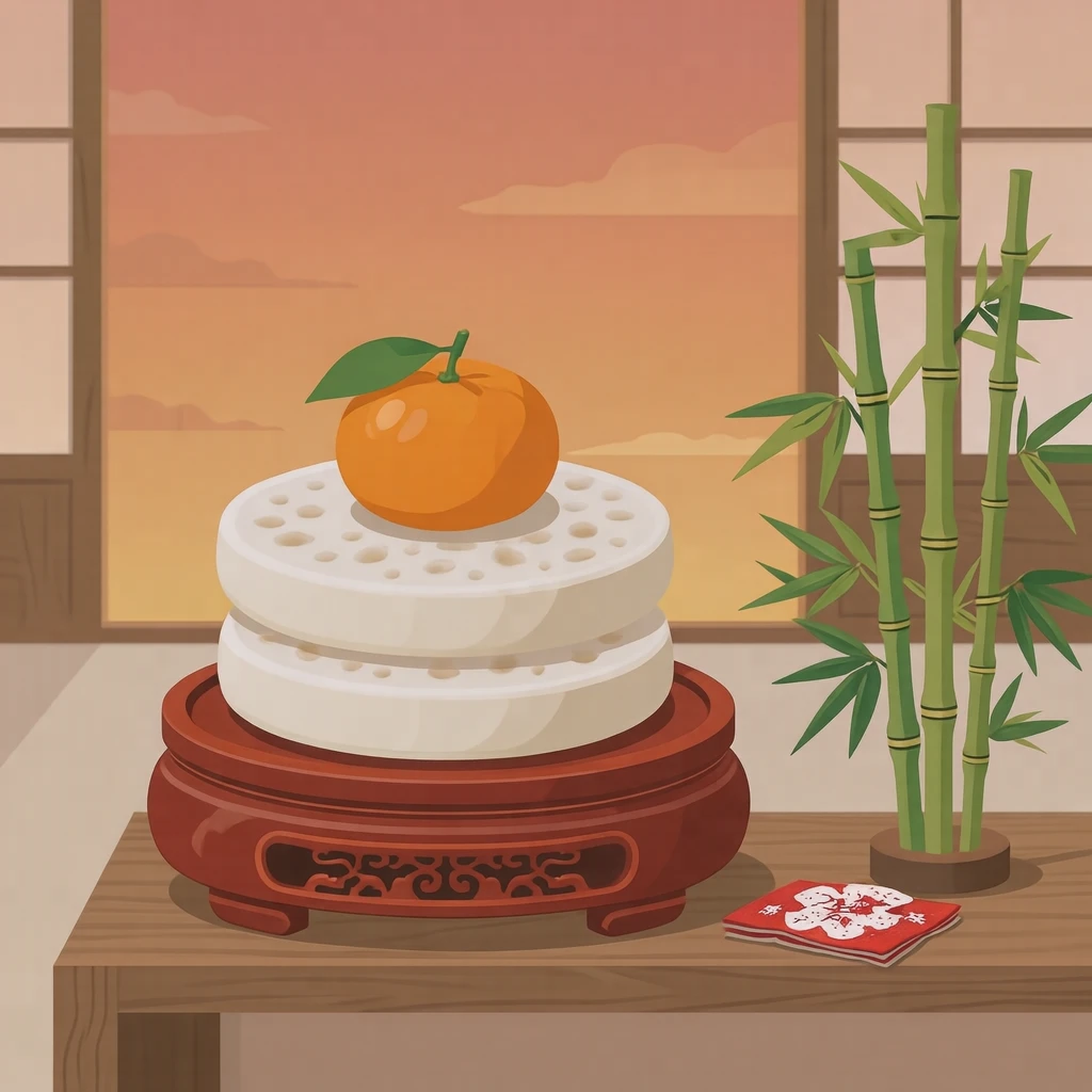鏡餅と門松のお正月飾りのイラスト（フラットイラスト）