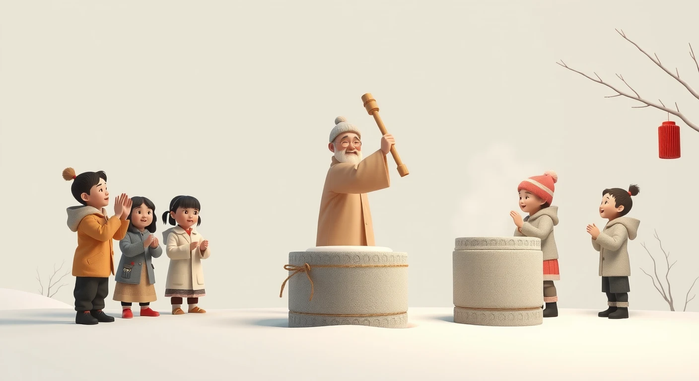 お正月の餅つきをする人と見守る子どもたちのソフトな3Dイラスト